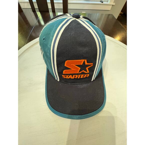 Vintage 90's Starter Logo Tri Power Snapback Hat Cap Orange Teal Navy Blue - Picture 1 of 8